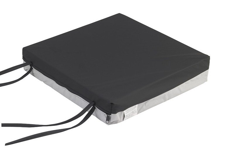 Black foam wheelchair cushion with straps, affordable lightweight option