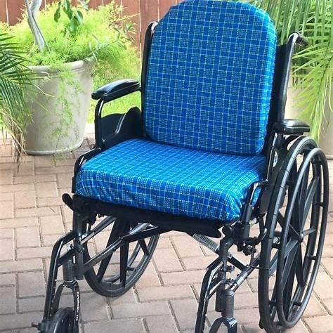 Blue cushioned wheelchair seat in a comfortable home setting. best wheelchair cushions.