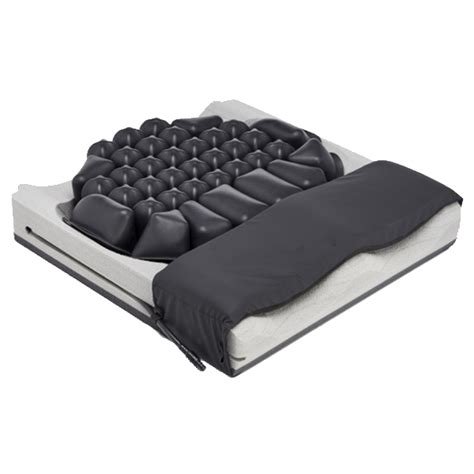 Black wheelchair hybrid cushion showing air-cell overlay and foam base for stability and pressure relief.