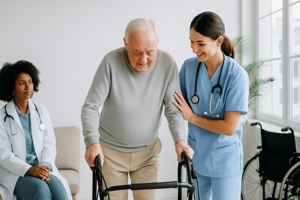 Healthcare professional assisting an elderly person with mobility support, symbolizing comfort, independence, and better daily living.