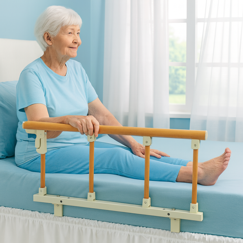 Elderly woman using a bed rail for seniors, providing support and fall prevention while sitting upright.