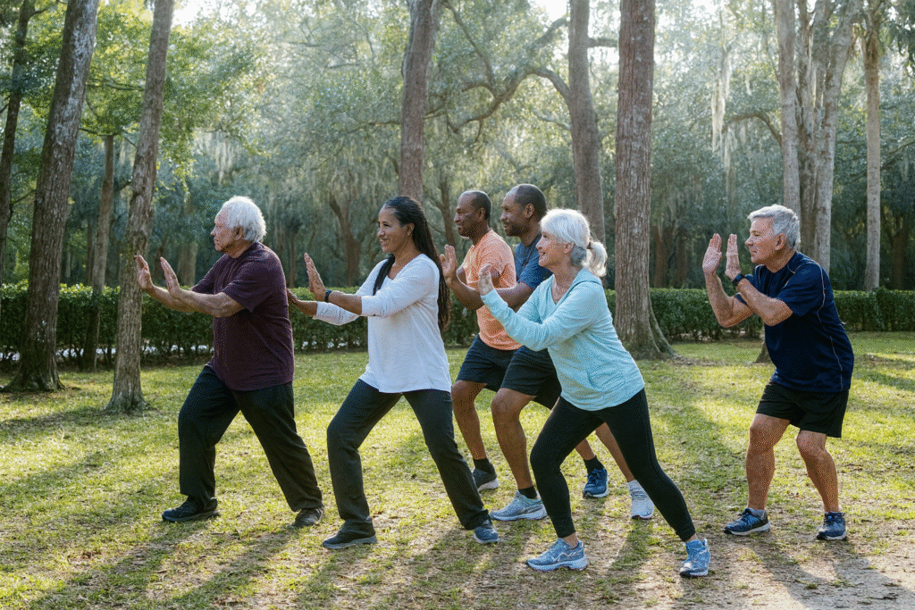 Group of active seniors practicing tai chi outdoors in a park demonstrating the benefits of exercise for seniors
