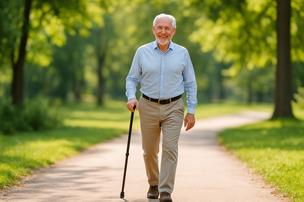 Senior man using the best cane for balance while walking confidently on a sunny park pathway, symbolizing safety and independence