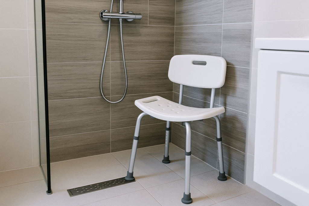 Best shower seat for elderly in a modern bathroom with handheld shower cord going into the floor