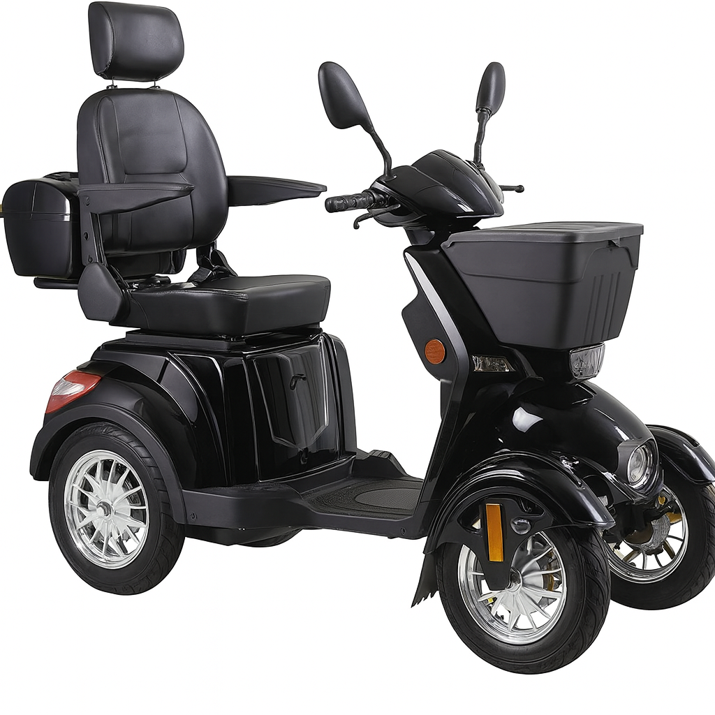 black heavy-duty all-terrain mobility scooter with padded captain’s seat, front basket, and large wheels