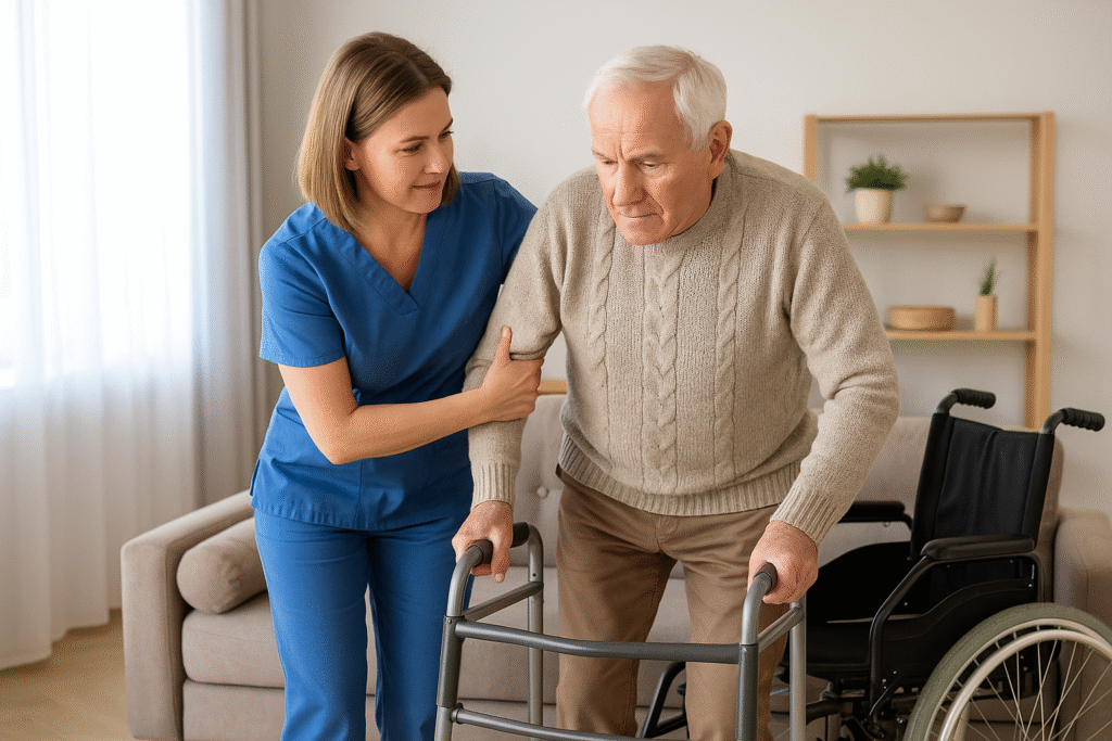 Caregiver in scrubs assisting an elderly man transitioning from a walker to a wheelchair