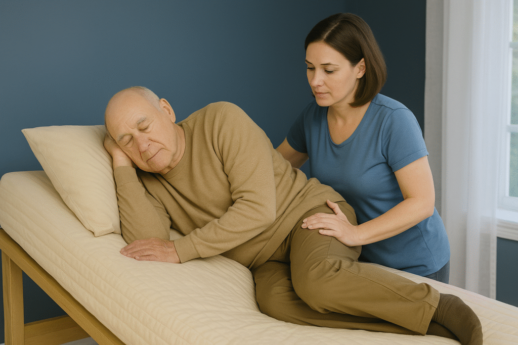 Caregiver assisting a senior at home, representing mobility aids and caregiver guides.