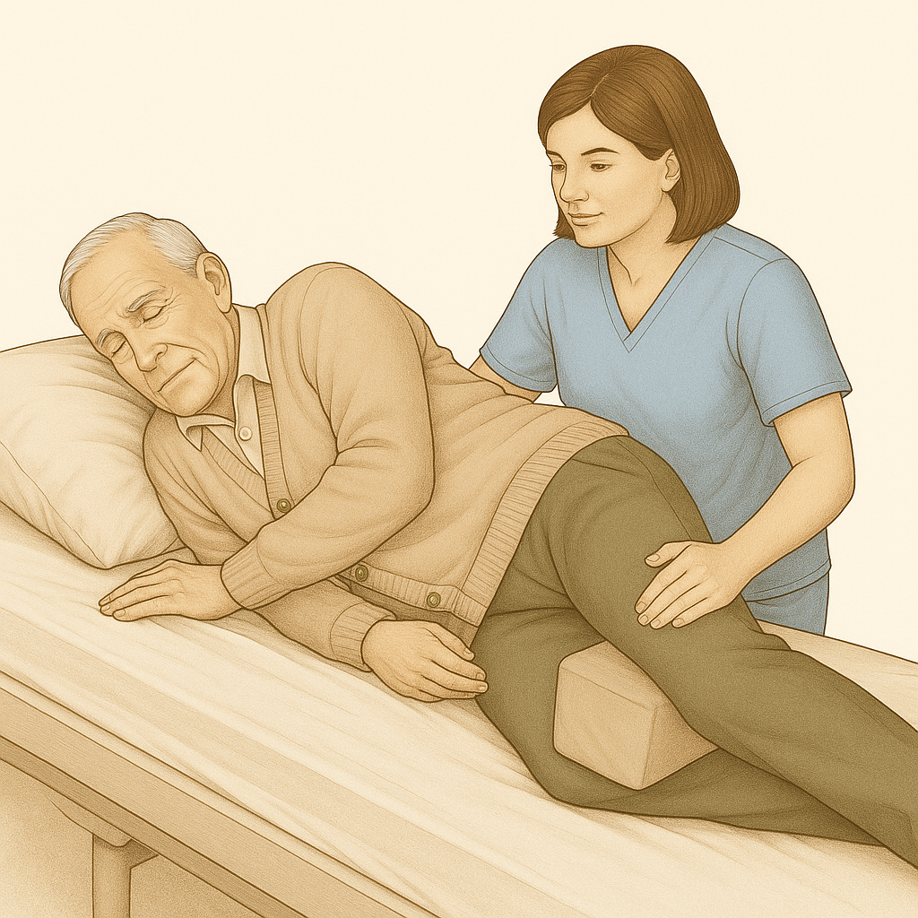 How to safely reposition seniors in bed, showing a caregiver assisting an elderly man with safe side-lying positioning.