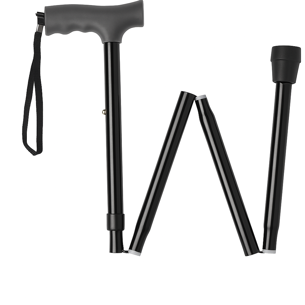 Carex Soft Grip Folding Cane with adjustable height and foldable design, shown upright on a white background
