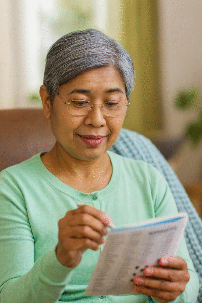 Senior woman solving a crossword puzzle at home to boost memory and cognitive function