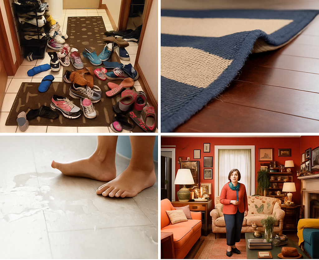 Common household safety hazards for seniors, including cluttered walkways, crowded rooms, loose rugs, and wet floors