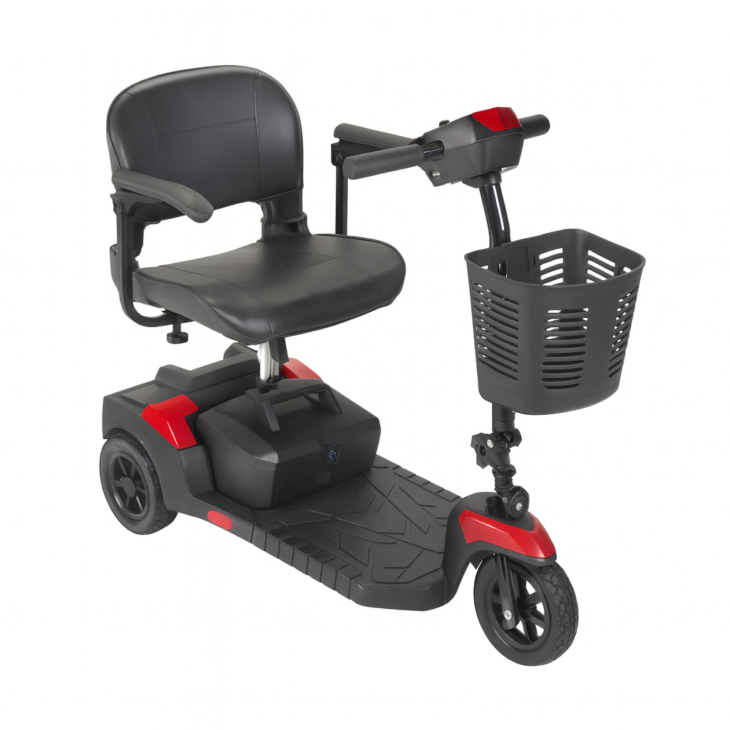 Drive Medical Spitfire Scout 3-wheel mobility scooter with black seat, red accents, and front basket on white background