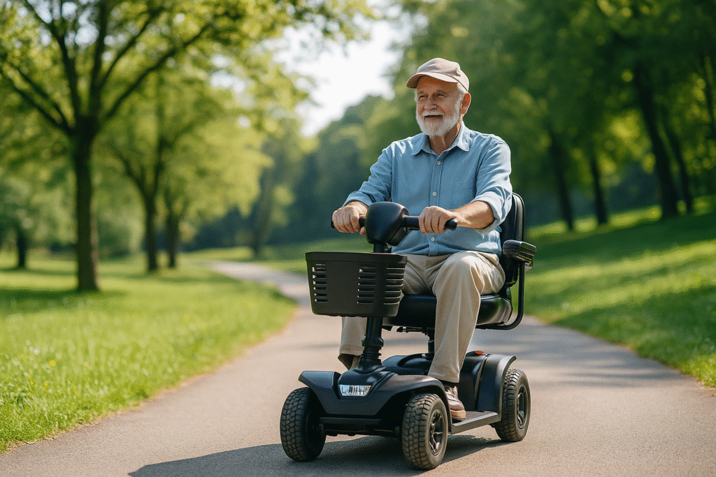 Older man outdoors with a mobility scooter, representing the best mobility scooters for seniors
