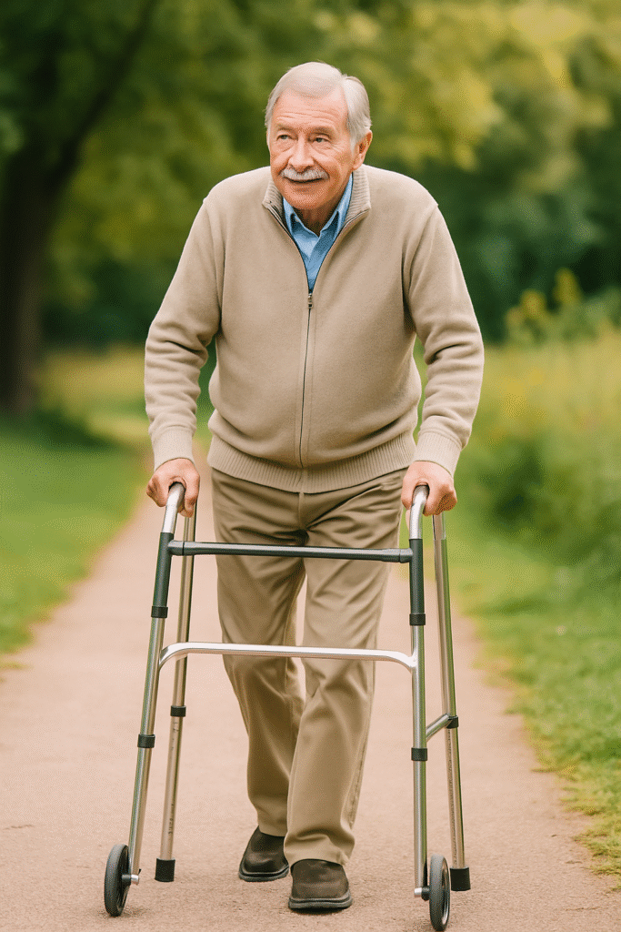 Elderly man using a black rollator walker with a seat, resting outdoors on a sunny day, symbolizing mobility support and independence.