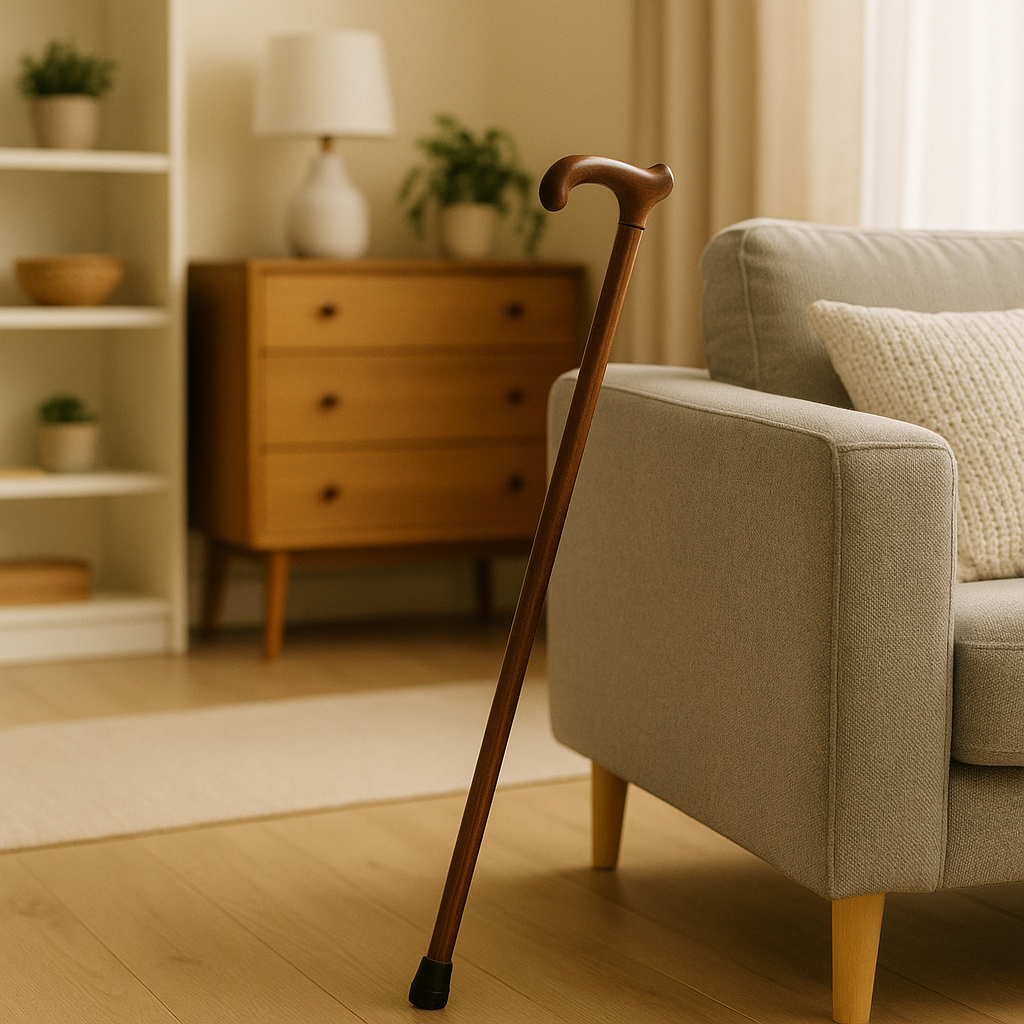 Bright uncluttered living room with a cane leaning against a sturdy chair symbolizing mobility aids for fall prevention in seniors