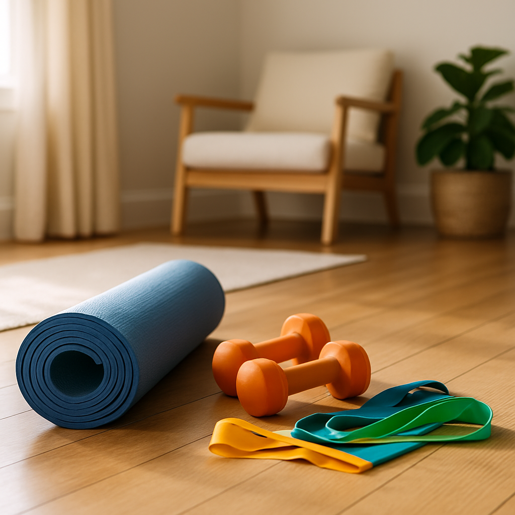 Yoga mat, dumbbells, and resistance bands in a bright clutter-free room symbolizing strength and balance training for fall prevention in seniors