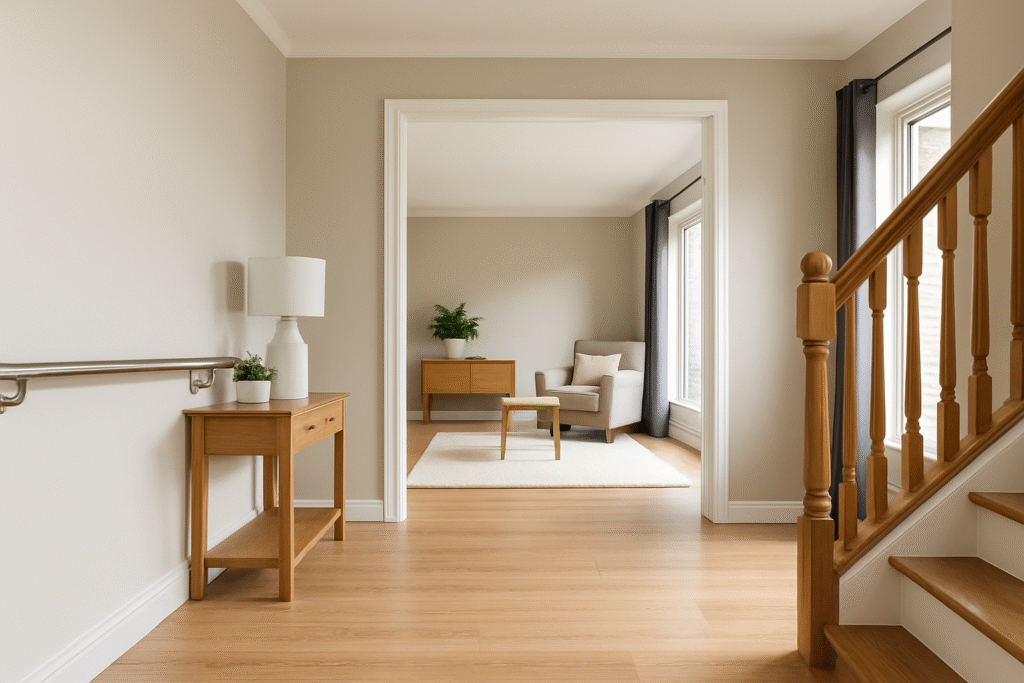 Bright uncluttered home interior with clear walkways and warm lighting symbolizing fall prevention in seniors