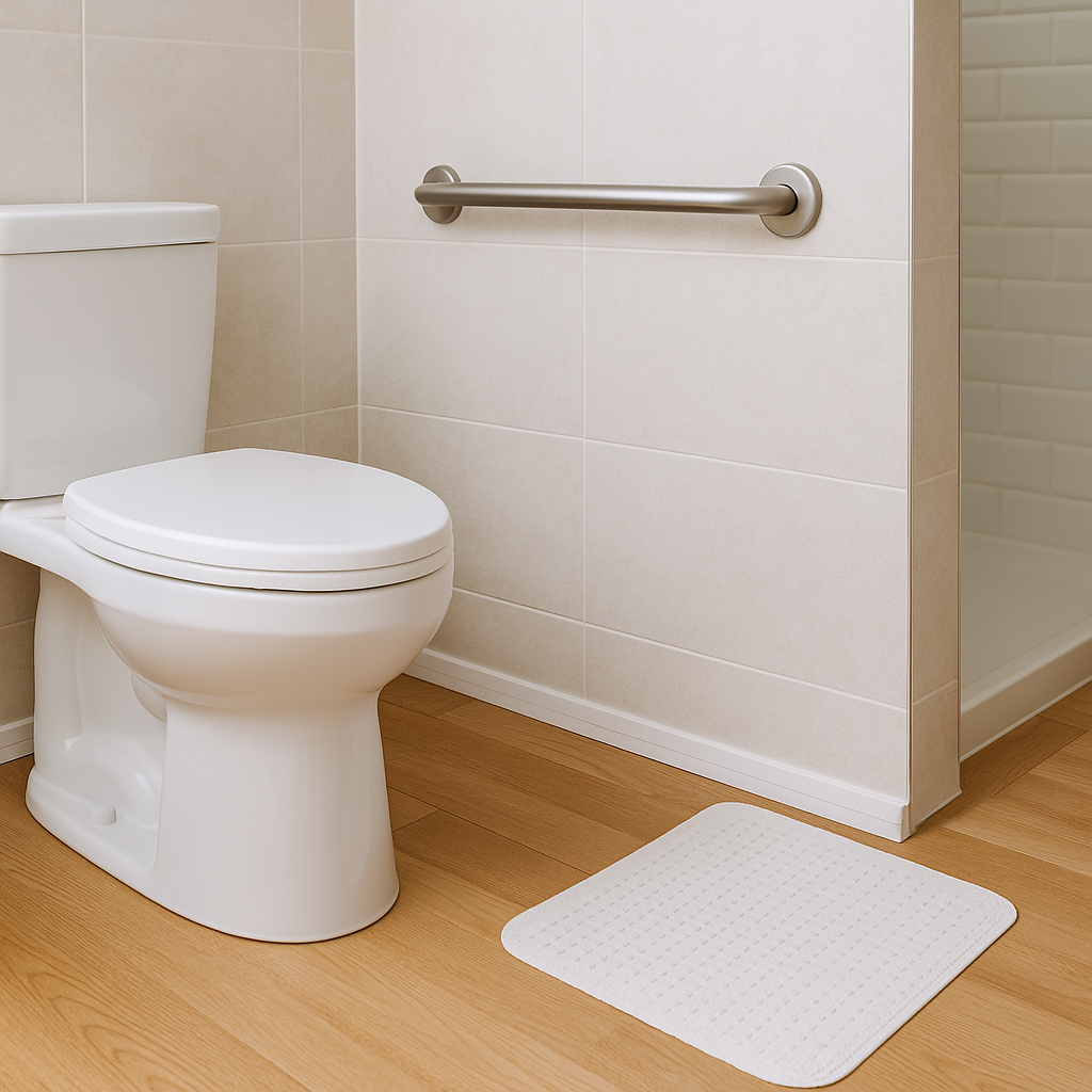 Modern bathroom with a stainless steel grab bar and non-slip mat showing home safety modifications for fall prevention in seniors