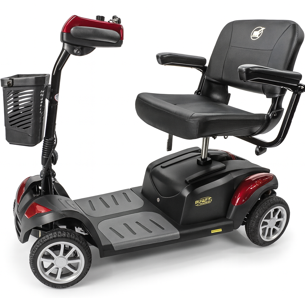 Golden Buzzaround Heavy Duty mobility scooter with padded seat, armrests, and large wheels