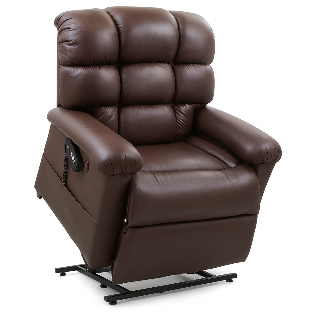 Golden Cloud PR-510 Extra Wide bariatric power lift recliner chair in brown leather with plush tufted back and heavy-duty steel lift base
