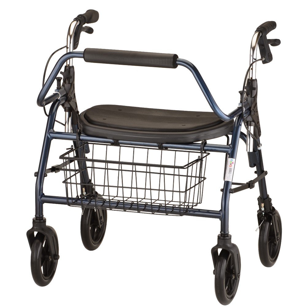 Heavy-duty bariatric rollator walker with four large wheels, reinforced frame, and wide padded seat designed for higher weight capacity and extra stability.