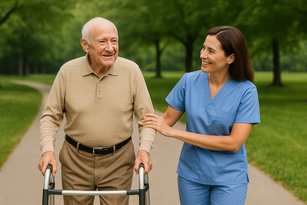 Elderly man using a walker with caregiver support in a park setting