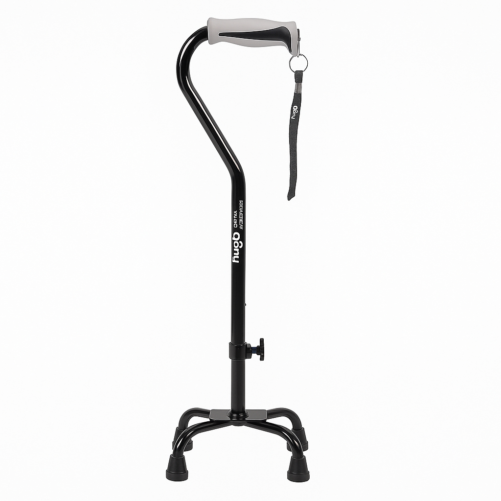 Hugo 731-850 adjustable quad cane in black with ergonomic handle and small 4-point base, shown on a white background