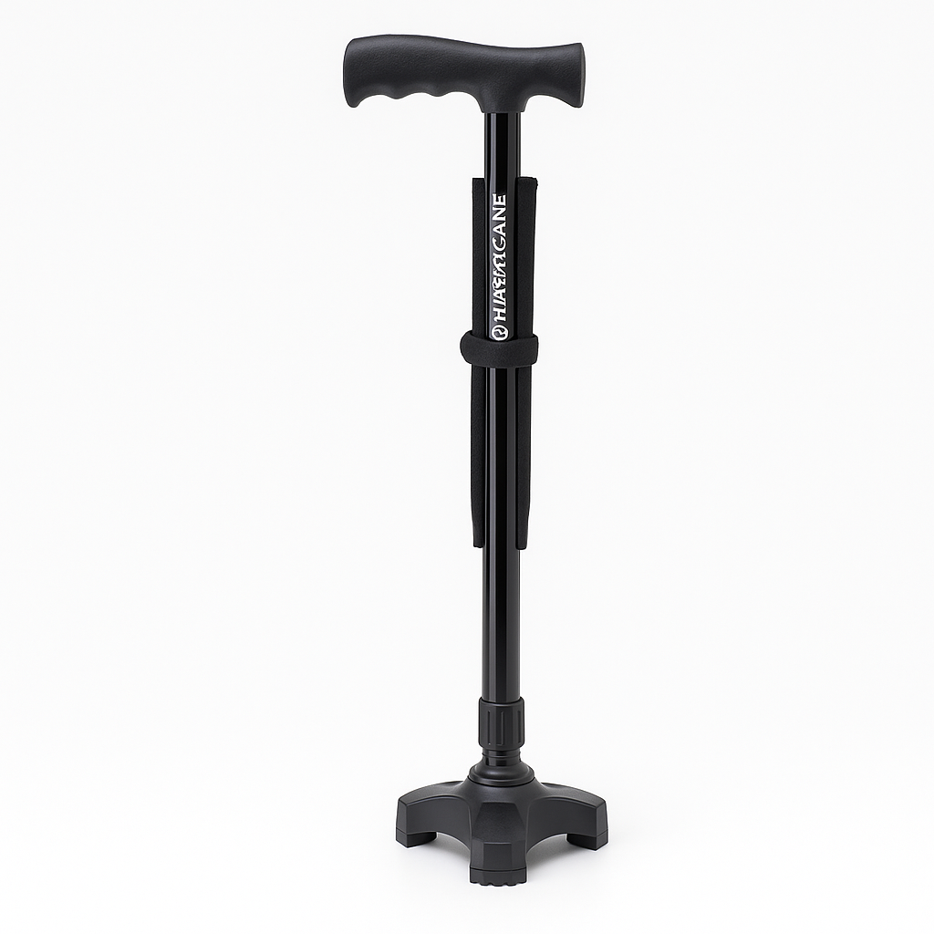 HurryCane Freedom Edition foldable walking cane with T-handle and pivoting 3-point base on a white background