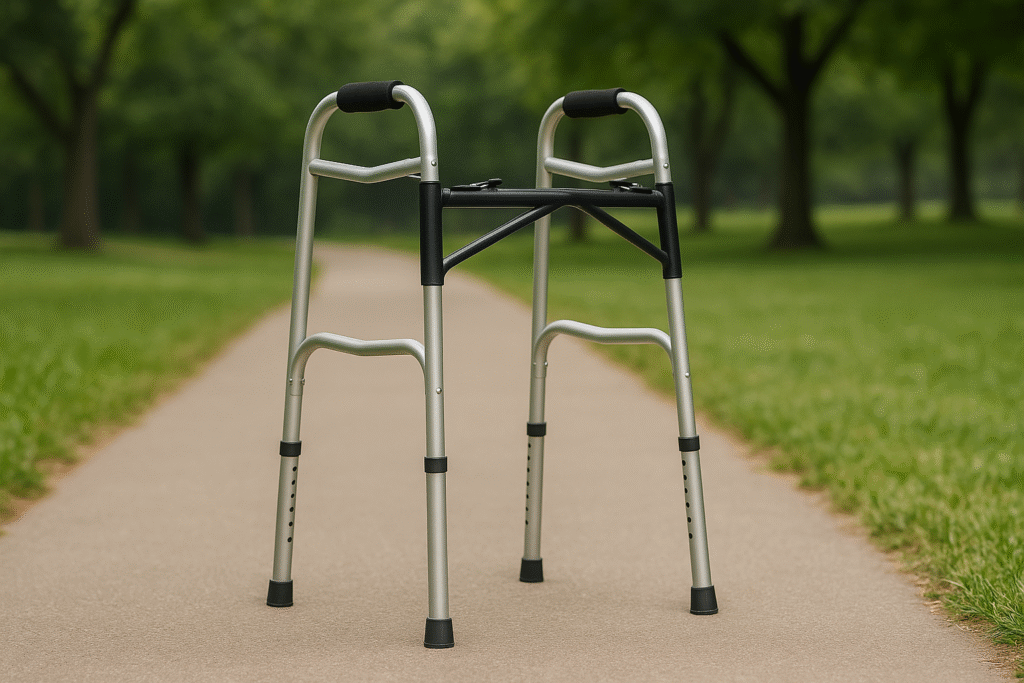 Lightweight silver walker with padded handles standing on a park path