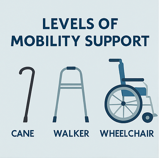 Infographic showing progression of mobility aids from cane to walker to wheelchair