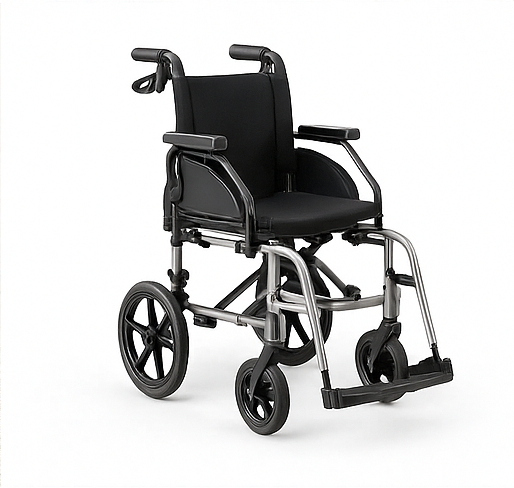 Lightweight transport wheelchair with black seat and foldable frame