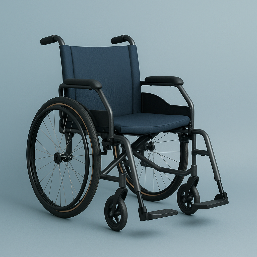 Realistic photo of a lightweight manual wheelchair with a dark blue seat and backrest, gray frame, large rear wheels, and black footrests against a soft blue background.