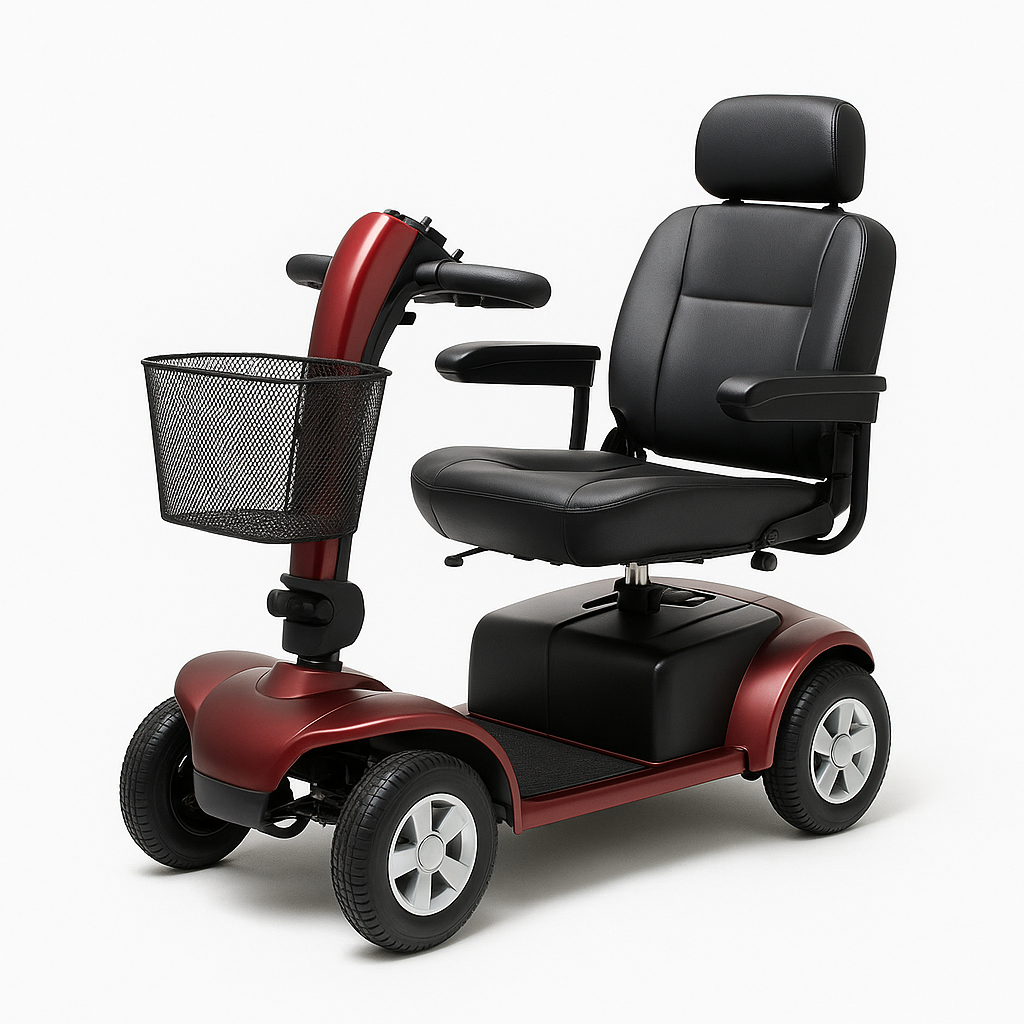 Red mobility scooter with black seat and basket on a plain background