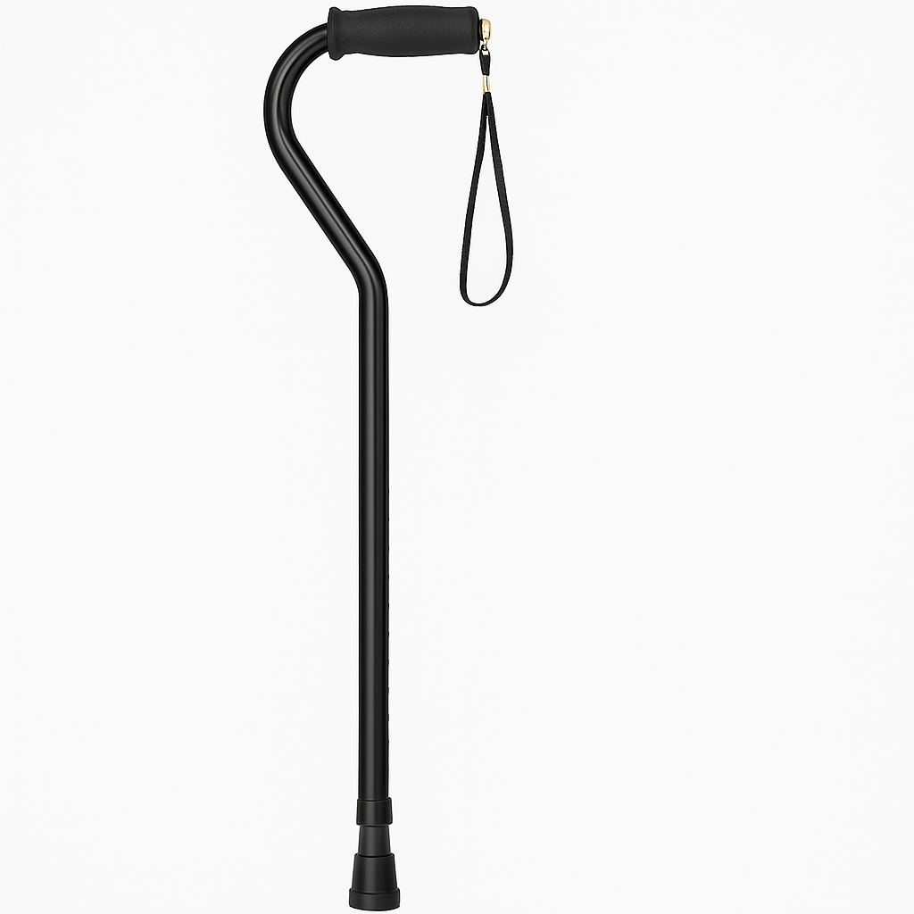 NOVA Heavy Duty Offset Cane in black with ergonomic handle and wrist strap on a plain white background