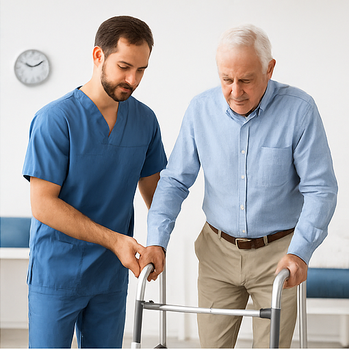 Physical therapist assisting a senior using a walker during a mobility assessment