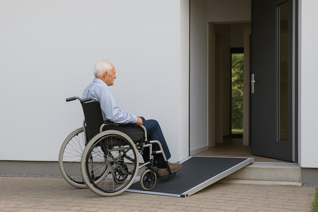 Senior man using portable wheelchair ramp at home doorway (2025)