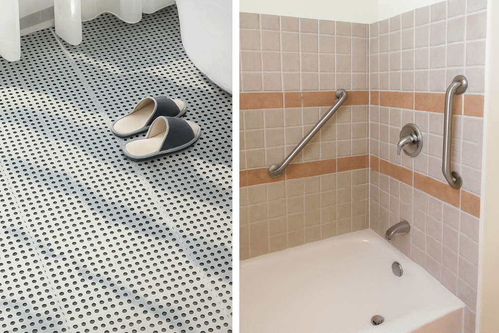 Non-slip bathroom mat and sturdy grab bars — practical home safety tips for seniors to prevent falls
