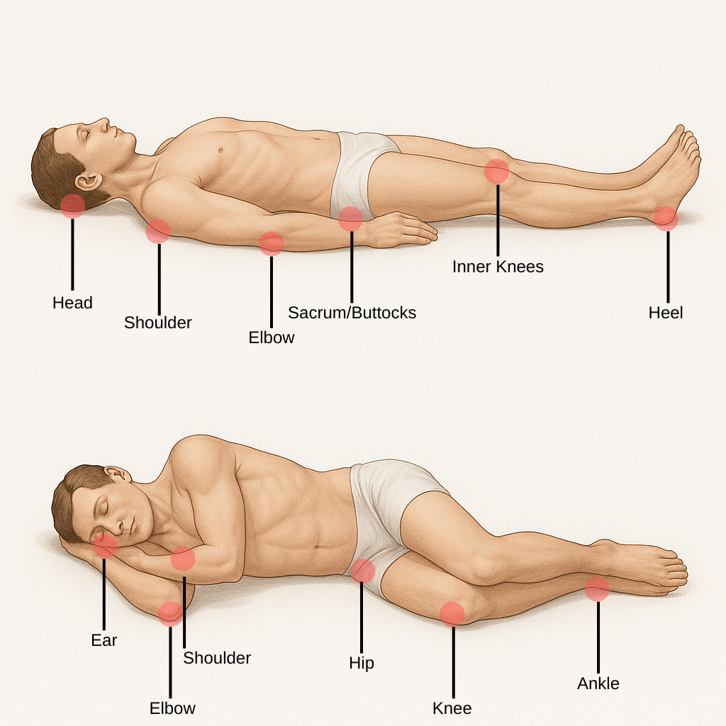 Diagram of common pressure ulcer locations on a person lying supine and side-lying