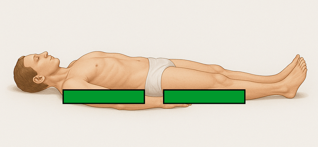 30° tilt to prevent pressure ulcers in seniors: two wedges on same side—one behind back, one under posterior thigh—with small gap at sacrum.