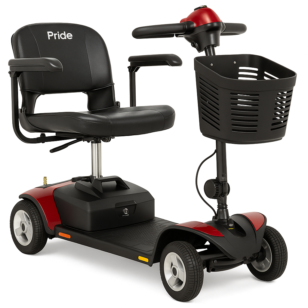 Pride Go-Go 4-wheel mobility scooter with swivel seat and front basket