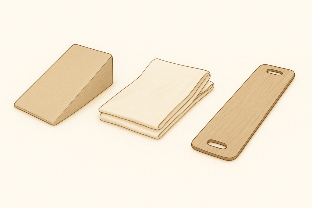 Positioning aids for safely repositioning seniors in bed, including foam wedges, slide boards, and specialty mattresses.