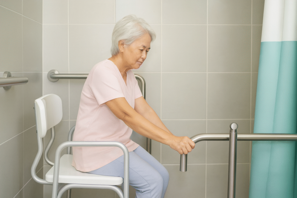 Older woman using grab bars for bathroom safety to prevent falls at home