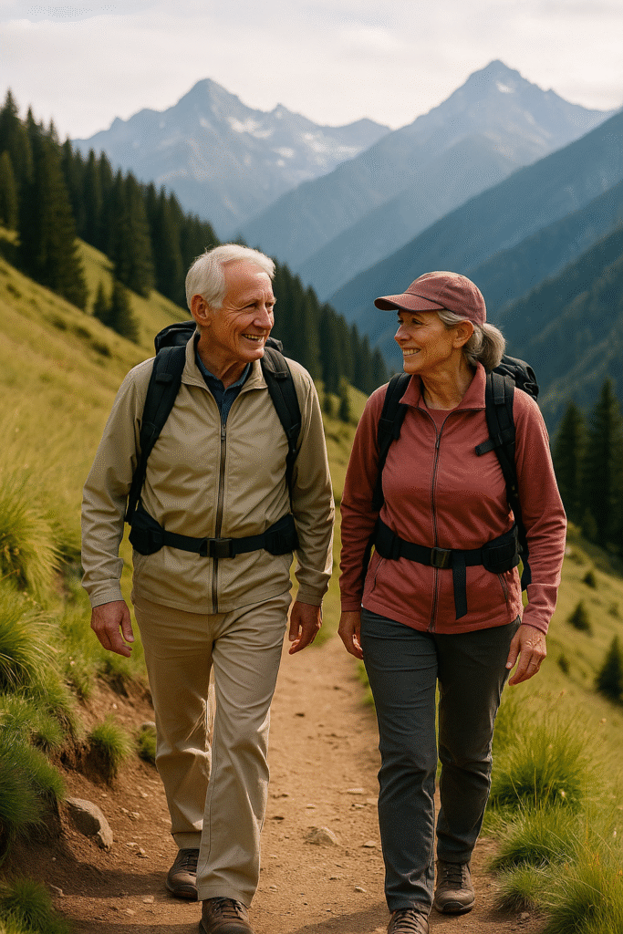 Senior couple hiking on a scenic mountain trail wearing backpacks to stay active and healthy