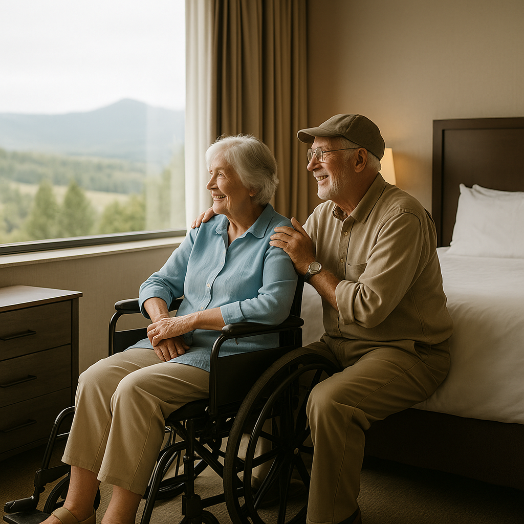 Senior couple in a wheelchair-accessible hotel room smiling by the window.