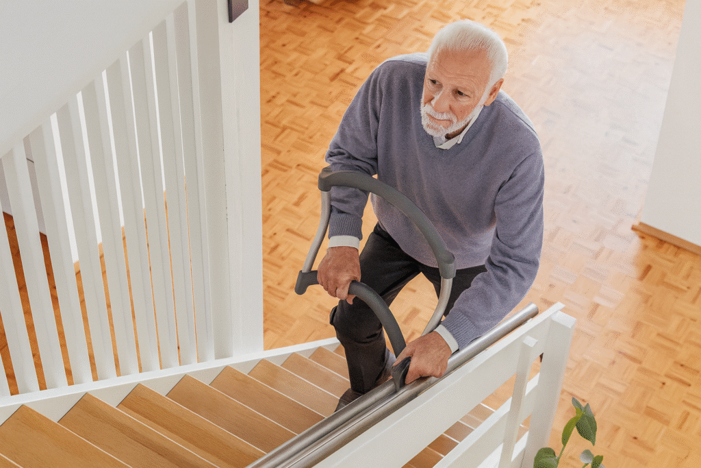 Older man using a stair safety rail to climb stairs safely at home