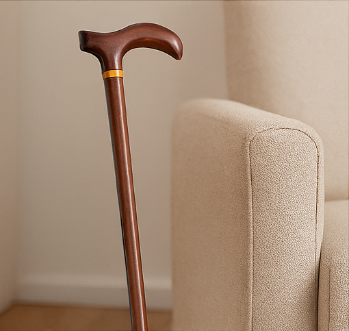 Wooden walking cane with curved handle leaning against a chair