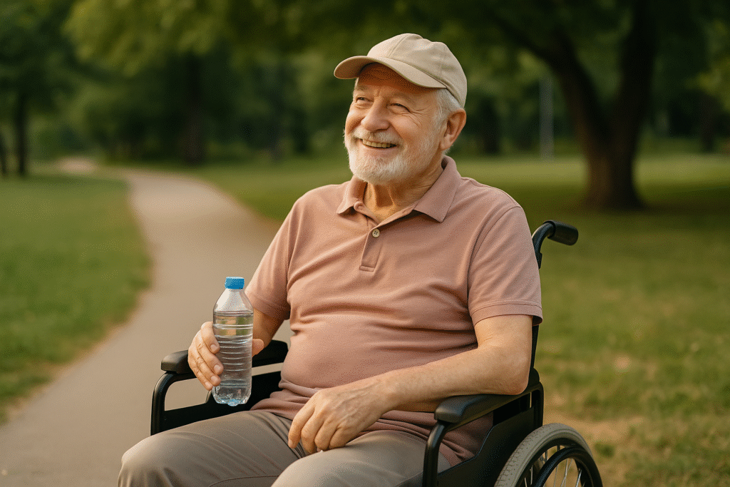 Senior in a wheelchair resting outdoors with a water bottle on their lap.
