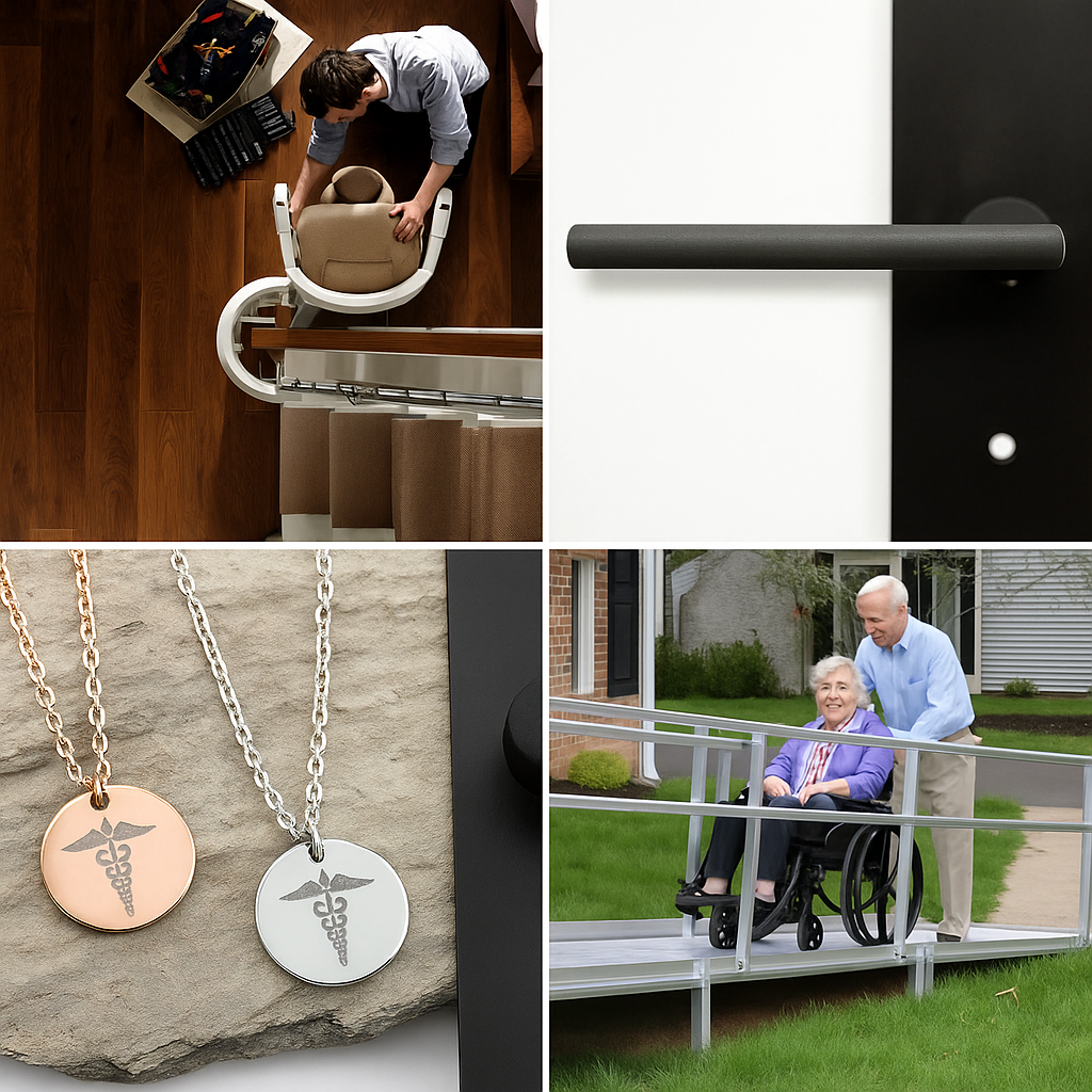 Smart home modifications for seniors including stair lift installation, lever-style door handle, medical alert necklace, and wheelchair ramp