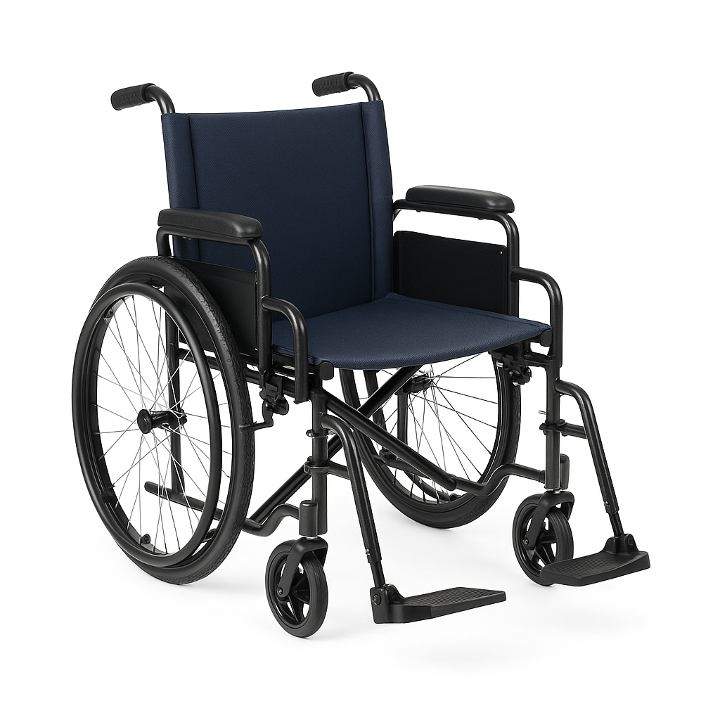 Standard lightweight manual wheelchair with black frame, dark blue seat, large rear wheels, and footrests on a pure white background.