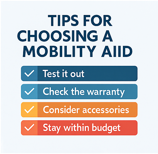 Checklist graphic with tips for choosing a mobility aid: test it out, check the warranty, consider accessories, stay within budget.